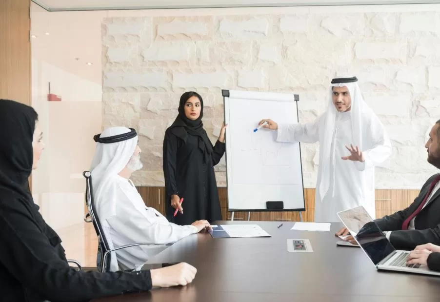 Facilitator leading a flipchart discussion with a team