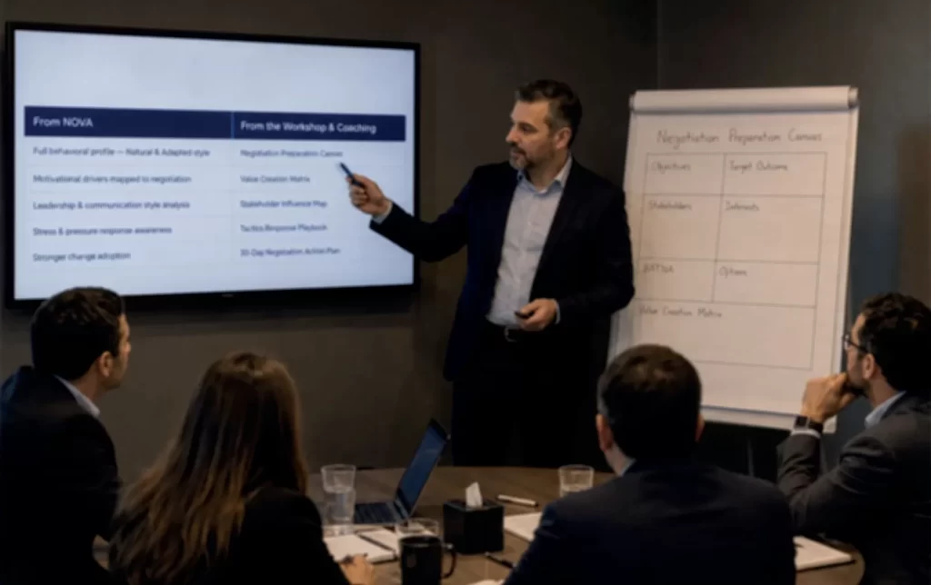 Facilitator presenting a negotiation preparation canvas to a group