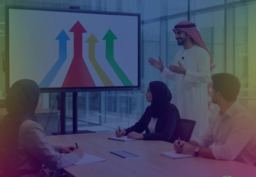 Leadership team in a workshop with a presenter beside a screen