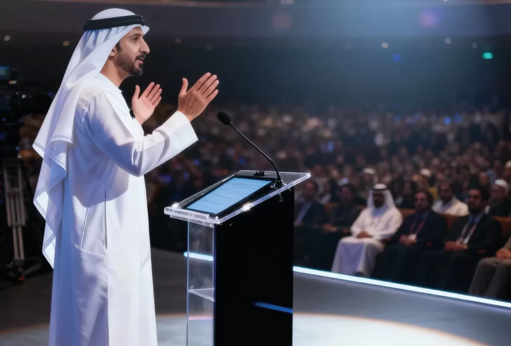 Presenter speaking at a podium in front of a large audience
